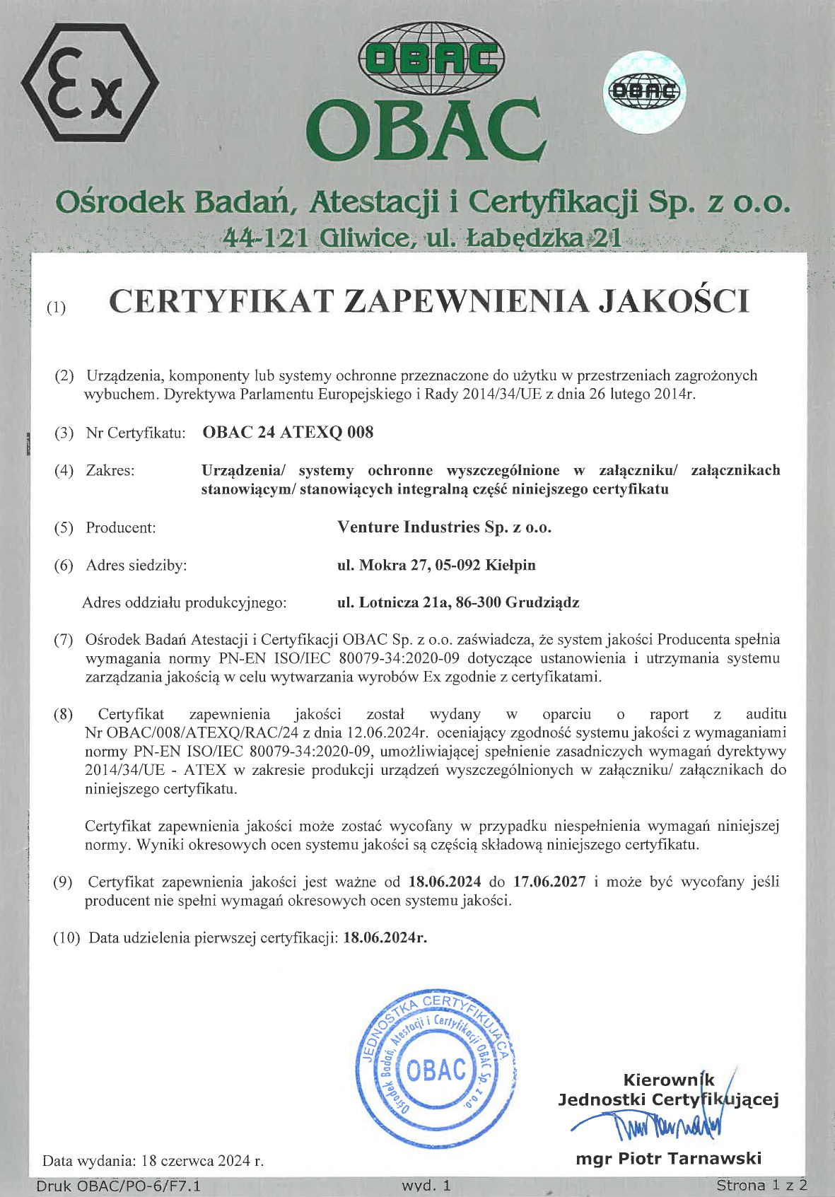 kliknij aby powiększyć Certyfikat OBAC 24 ATEXQ