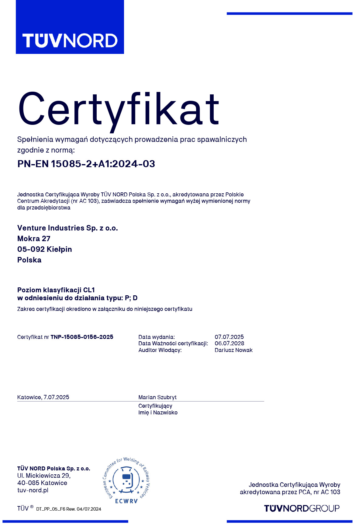 kliknij aby powiększyć Certyfikat EN-15085